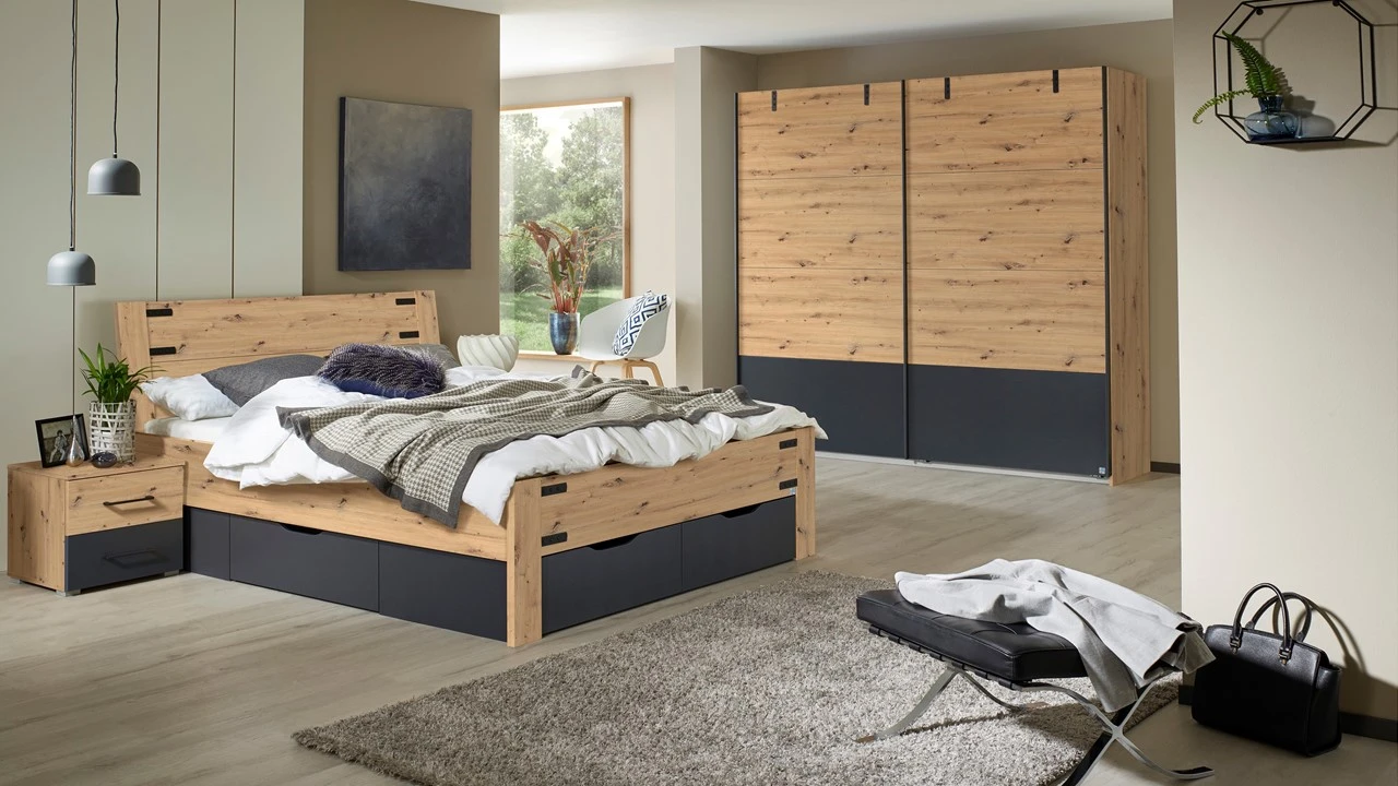 Bed Birmingham Eiken Houtlook met Grijs Metallic – Industrieel Bed met 4 Opbergladen 4 Bed Birmingham Eiken Houtlook met Grijs Metallic – Industrieel Bed met 4 Opbergladen - Afbeelding 2