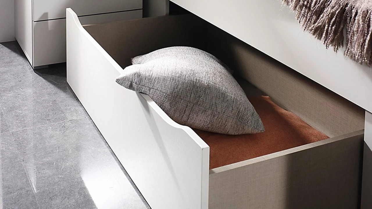 Bed Butiken met Gestoffeerd Hoofdbord en Opberglades - Landelijk Wit Design 5 Bed Butiken met Gestoffeerd Hoofdbord en Opberglades - Landelijk Wit Design - Afbeelding 3