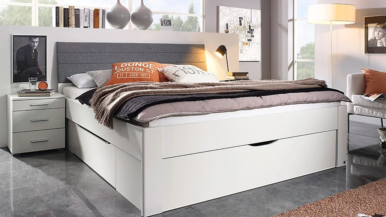 Bed Butiken met Gestoffeerd Hoofdbord en Opberglades - Landelijk Wit Design 3 Bed Butiken met Gestoffeerd Hoofdbord en Opberglades - Landelijk Wit Design