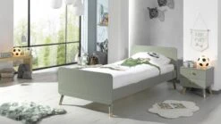 Vipack Billy Kinderbed Set Grijs – Retro Bed met Nachtkast en Goudkleurige Poten