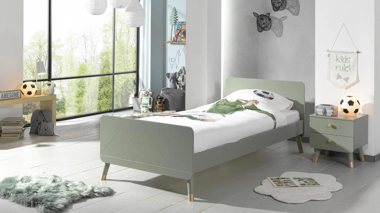 Vipack Billy Kinderbed Set Grijs – Retro Bed met Nachtkast en Goudkleurige Poten 3 Vipack Billy Kinderbed Set Grijs – Retro Bed met Nachtkast en Goudkleurige Poten