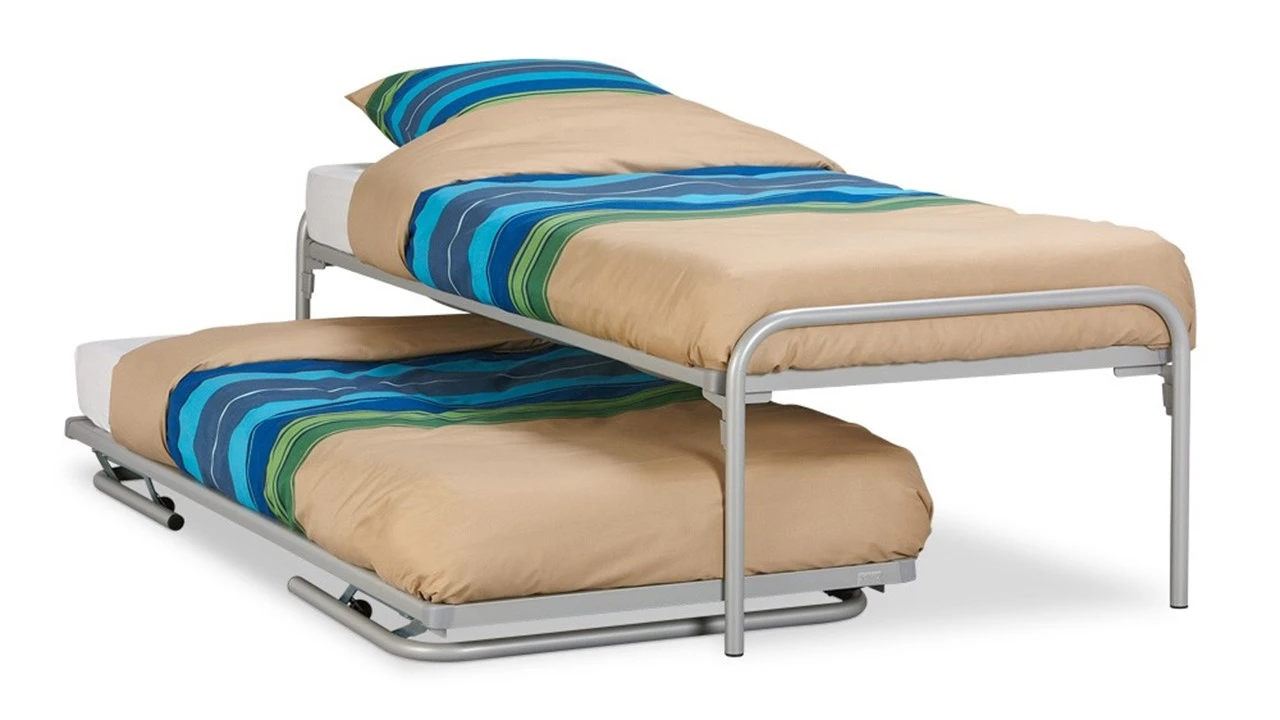 Metalen Bed met Onderschuifbed Twin β Zilver/Grijs Frame β Uitschuifbaar Logeerbed 3 Metalen Bed met Onderschuifbed Twin β Zilver/Grijs Frame β Uitschuifbaar Logeerbed