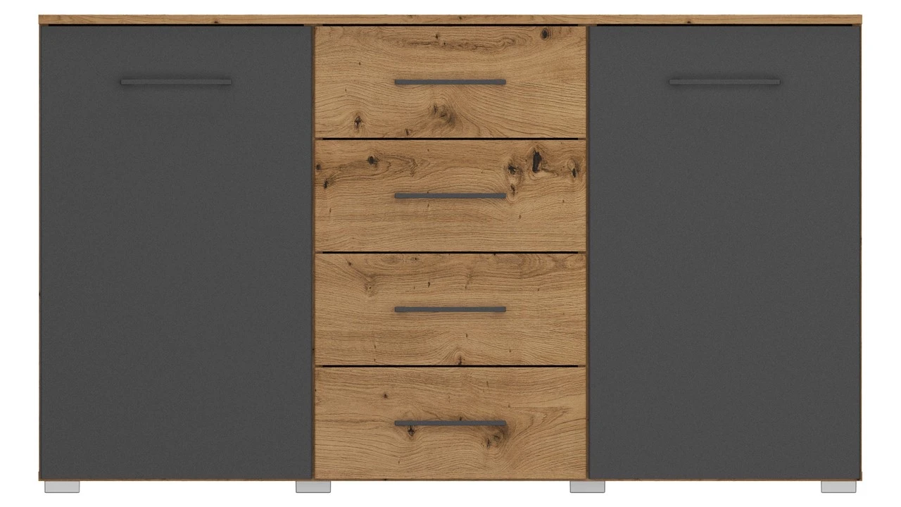 Birmingham Commode – Industrieel Design Eiken met Metallic Grijs – 2 Deuren en 4 Laden 4 Birmingham Commode – Industrieel Design Eiken met Metallic Grijs – 2 Deuren en 4 Laden - Afbeelding 2