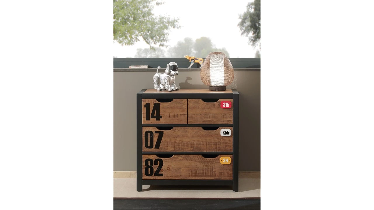 Vipack Daan Industriële Commode Naturel & Zwart – 3 Laden met Cijferopdruk 3 Vipack Daan Industriële Commode Naturel & Zwart – 3 Laden met Cijferopdruk