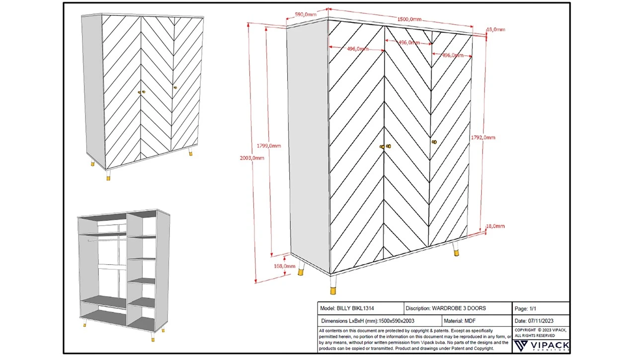 Draaideurkast Billy – Modern Wit met Goud & Geometrisch Design – Kinderkledingkast 5 Draaideurkast Billy – Modern Wit met Goud & Geometrisch Design – Kinderkledingkast - Afbeelding 3