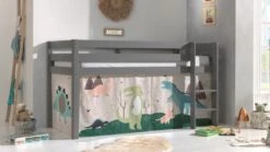 Vipack Dino Speelgordijnen voor Pino & Scott Halfhoogslaper – Blauw Dinosaurussen Thema -Beter Bed Winkel Gordijnen Dino Pino Scott beige 1