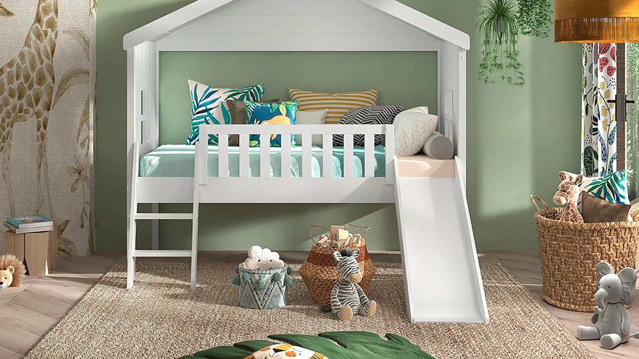 Halfhoogslaper Huisbed met Glijbaan - Wit Houten Kinderbed met Speelruimte 4 Halfhoogslaper Huisbed met Glijbaan - Wit Houten Kinderbed met Speelruimte - Afbeelding 2