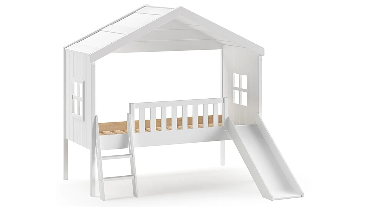 Halfhoogslaper Huisbed met Glijbaan - Wit Houten Kinderbed met Speelruimte 5 Halfhoogslaper Huisbed met Glijbaan - Wit Houten Kinderbed met Speelruimte - Afbeelding 3