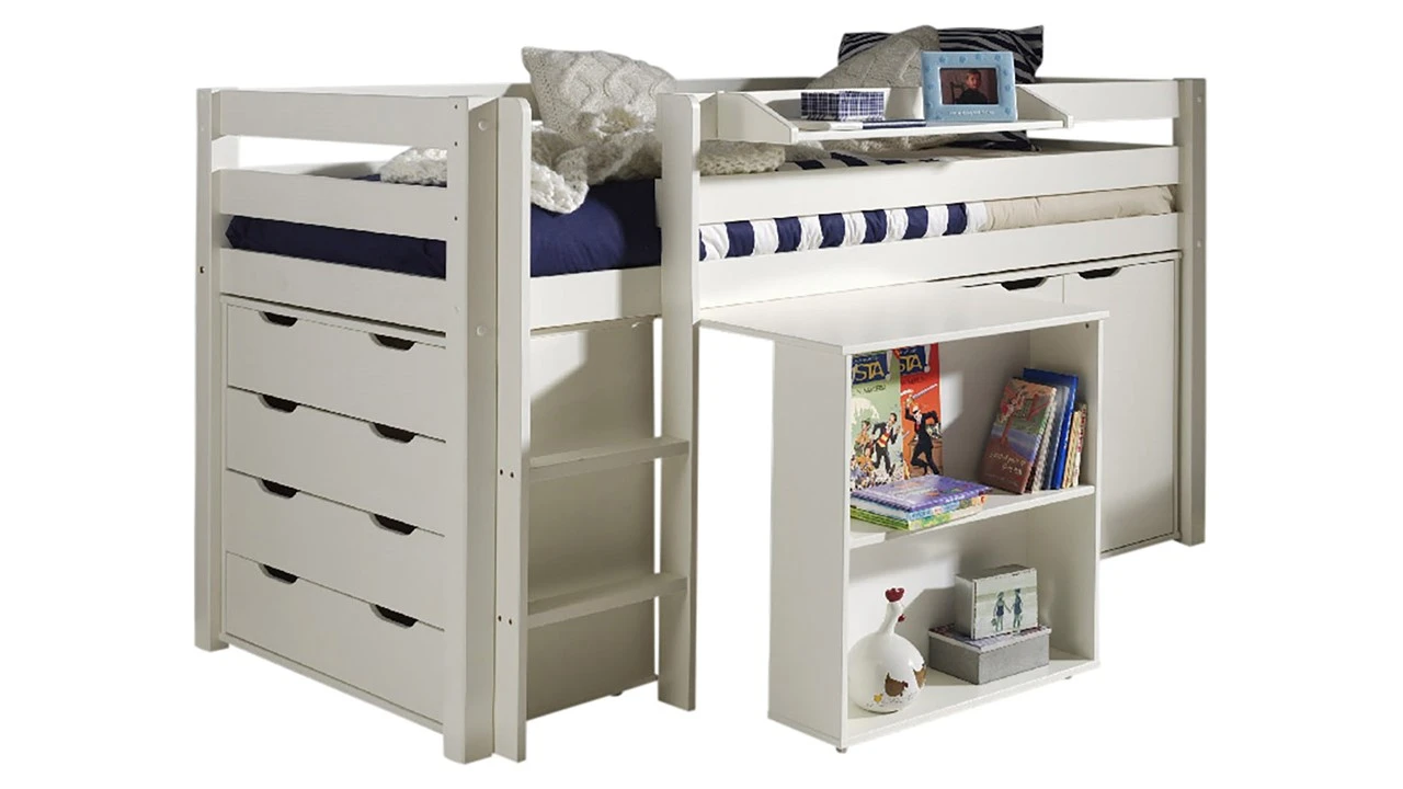 Pino Halfhoogslaper Wit Massief Grenen - Inclusief Bureau, 2 Commodes en Hangtablet 6 Pino Halfhoogslaper Wit Massief Grenen - Inclusief Bureau, 2 Commodes en Hangtablet - Afbeelding 4