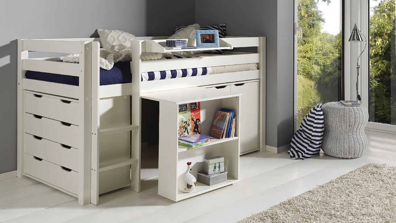 Pino Halfhoogslaper Wit Massief Grenen - Inclusief Bureau, 2 Commodes en Hangtablet 3 Pino Halfhoogslaper Wit Massief Grenen - Inclusief Bureau, 2 Commodes en Hangtablet