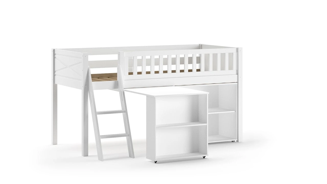 Halfhoogslaper Scott Wit met Bureau en Boekenkast – Ruimtebesparend Kinderbed 4 Halfhoogslaper Scott Wit met Bureau en Boekenkast – Ruimtebesparend Kinderbed - Afbeelding 2