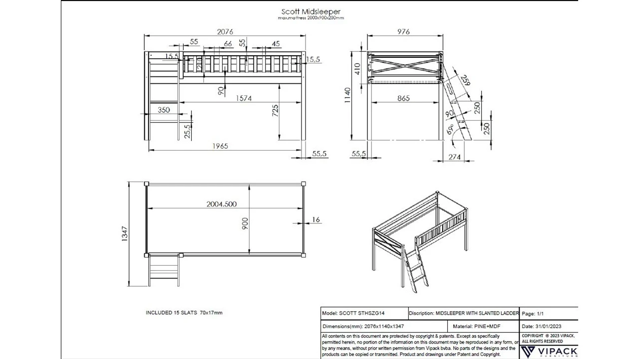 Scott Witte Halfhoogslaper met Bureau en Commode - Massief Grenen Kinderbed 8 Scott Witte Halfhoogslaper met Bureau en Commode - Massief Grenen Kinderbed - Afbeelding 6