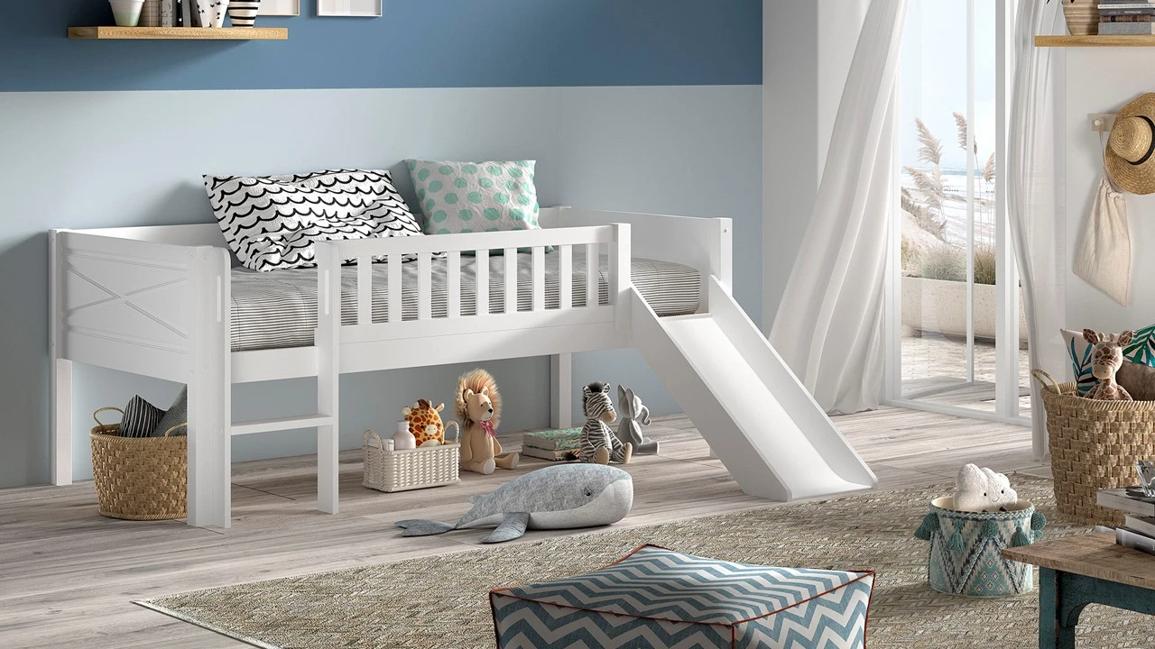 Halfhoogslaper Scott met Glijbaan en Trap – Wit Massief Grenen Kinderbed 3 Halfhoogslaper Scott met Glijbaan en Trap – Wit Massief Grenen Kinderbed