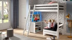 Pino Mezzanine Witgelakt Massief Grenen – Inclusief Boekenkast & Zetelbed Hoogslaper 90x200