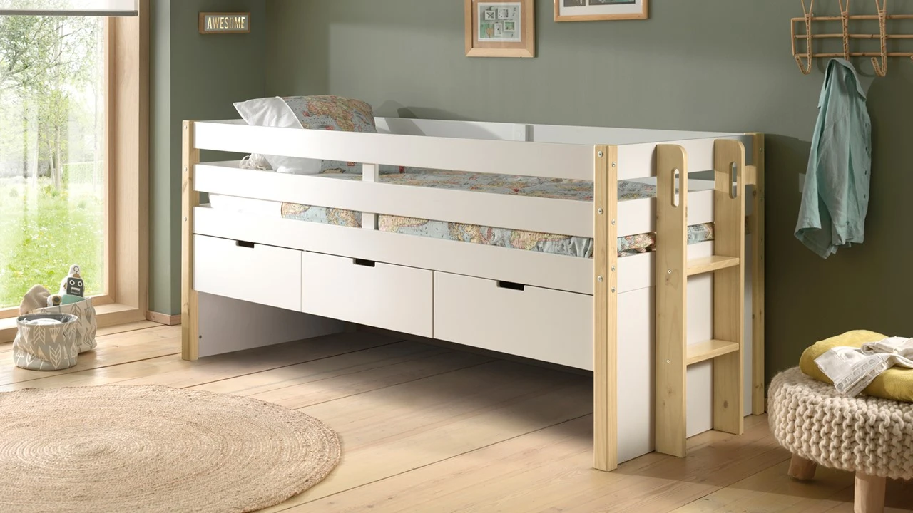 Kajuitbed Magrit Wit en Natuurlijk Hout – Scandinavisch Design met 3 Laden 4 Kajuitbed Magrit Wit en Natuurlijk Hout – Scandinavisch Design met 3 Laden - Afbeelding 2