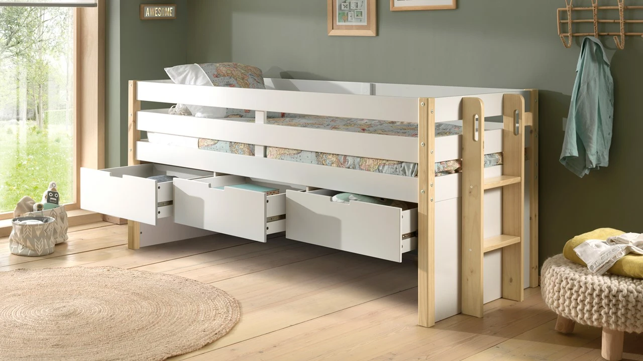 Kajuitbed Magrit Wit en Natuurlijk Hout – Scandinavisch Design met 3 Laden 5 Kajuitbed Magrit Wit en Natuurlijk Hout – Scandinavisch Design met 3 Laden - Afbeelding 3