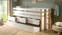 Kajuitbed Magrit Wit en Natuurlijk Hout – Scandinavisch Design met 3 Laden