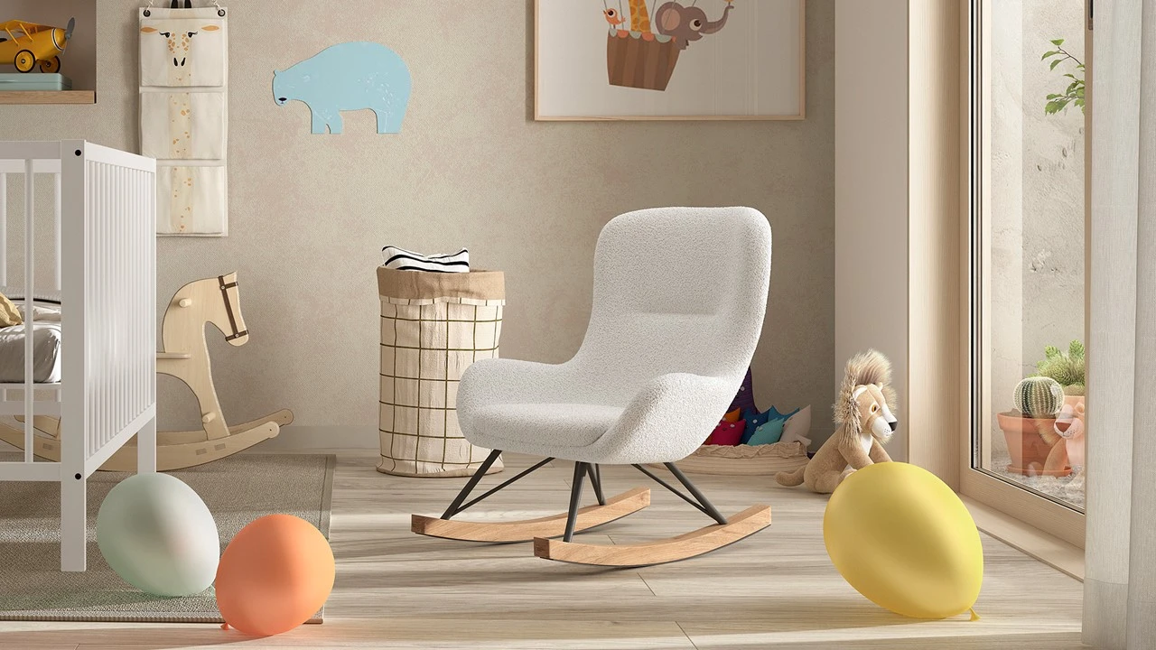 Schommelstoel Rocky Mini Wit Bouclé – Moderne Kinderfauteuil met Houten Onderstel 4 Schommelstoel Rocky Mini Wit Bouclé – Moderne Kinderfauteuil met Houten Onderstel - Afbeelding 2