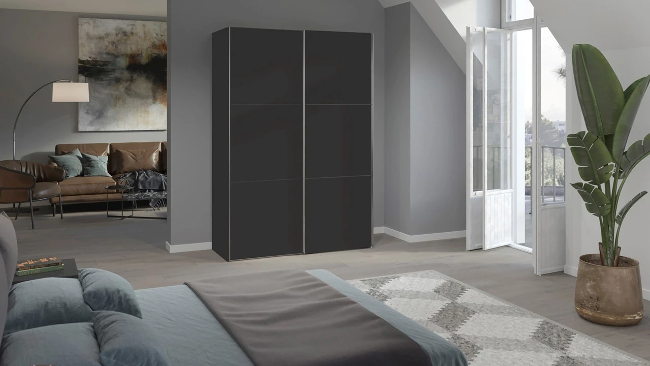 Schuifdeurkast Kixx Zwart met Houten Deuren - Moderne 2-Deurs Garderobekast 4 Schuifdeurkast Kixx Zwart met Houten Deuren - Moderne 2-Deurs Garderobekast - Afbeelding 2