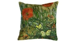 Beddinghouse x Van Gogh Museum Sierkussen Coquelicot – Blauw Satijn met Vlinders en Klaprozen