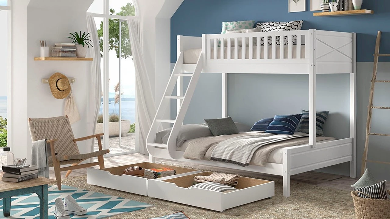 Scott 3-persoons Stapelbed met Ladenset - Wit Hout - Modern Design Kinderbed 3 Scott 3-persoons Stapelbed met Ladenset - Wit Hout - Modern Design Kinderbed