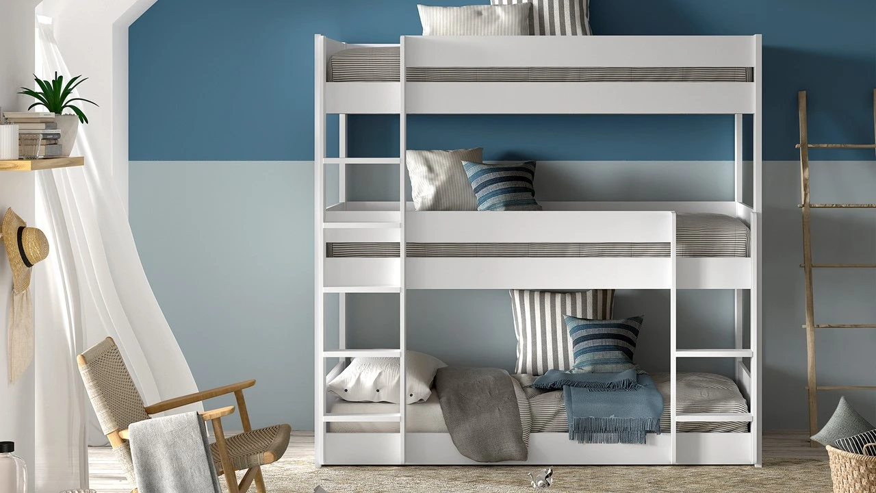 Stapelbed Triple Scott Wit Massief Grenen – 3-Persoons Ruimtebesparend Kinderbed 4 Stapelbed Triple Scott Wit Massief Grenen – 3-Persoons Ruimtebesparend Kinderbed - Afbeelding 2